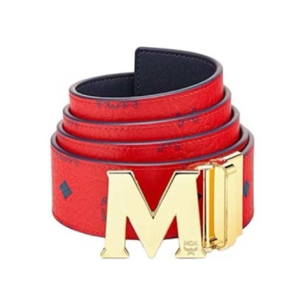 MCM CLAUS Gold Buckle Reversal Red Leather Belt (Visetos Ruby Red/Blue )